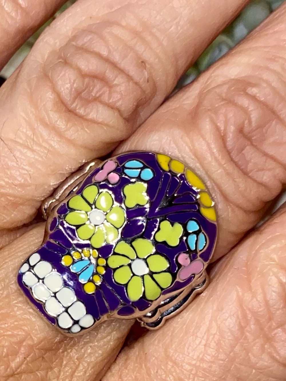 Purple Floral Sugar Skull Statement Ring